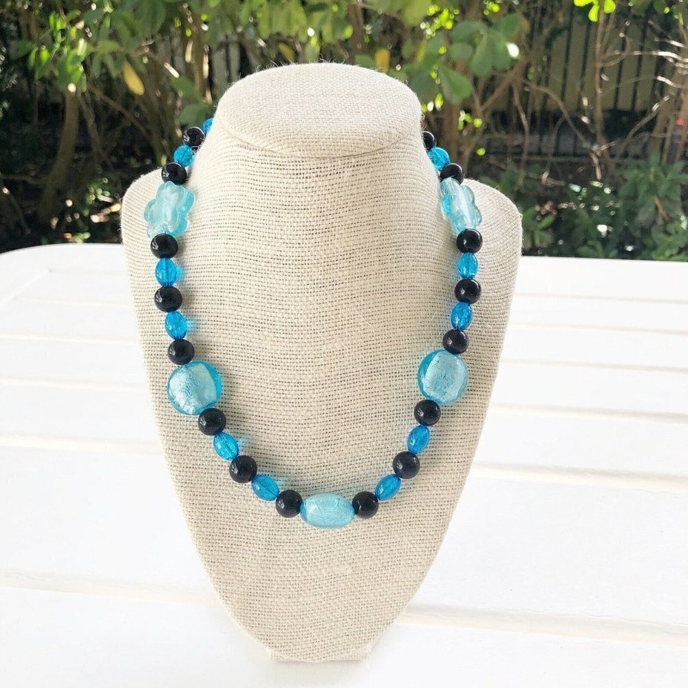 NWT Genuine Czech Glass & Sandstone Beaded Necklace Blue Black